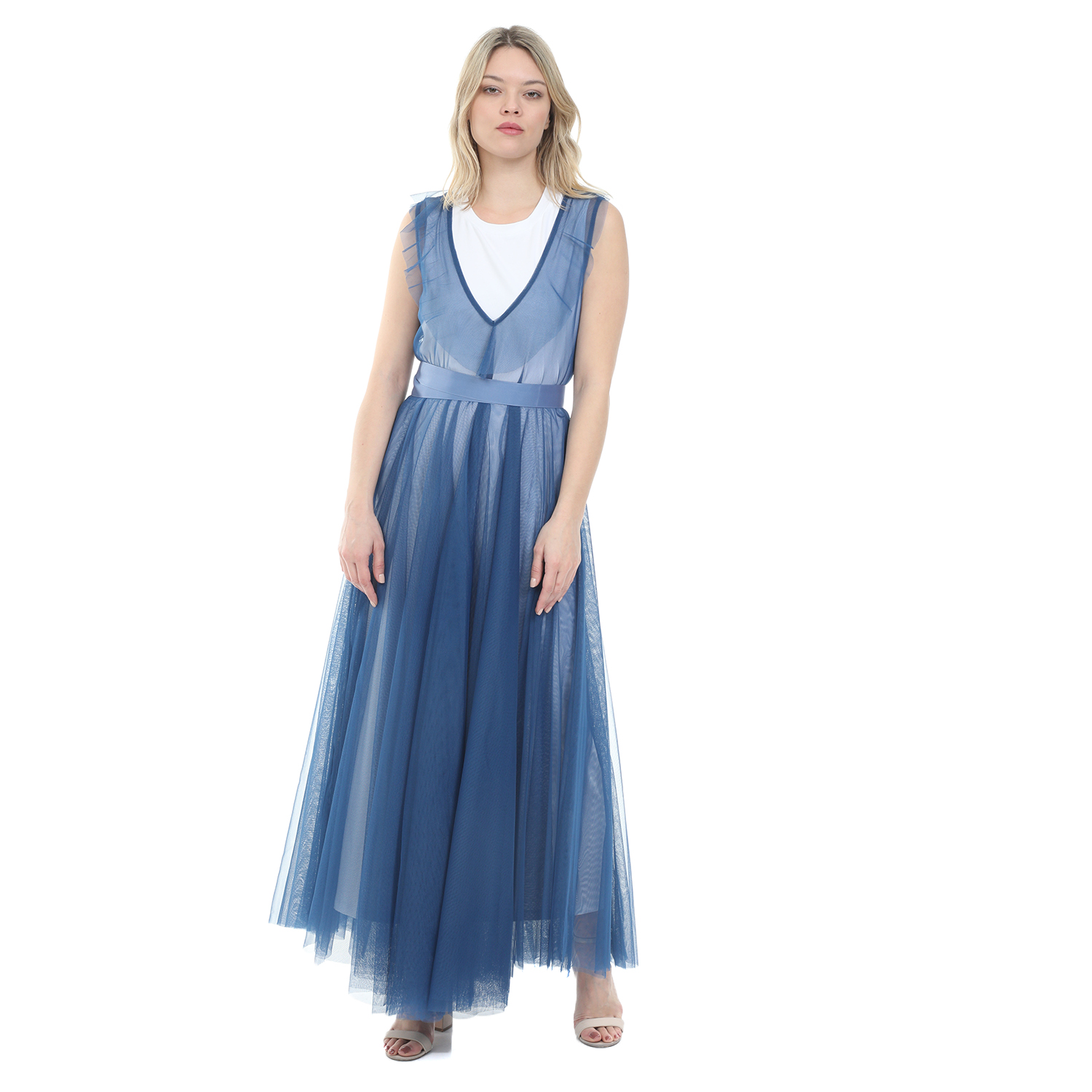 MY TWINS – Γυναικείο maxi φόρεμα MY TWINS λευκό μπλε