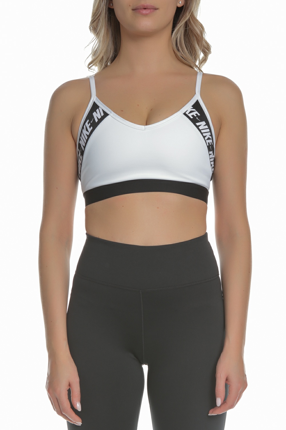 NIKE – Γυναικείο αθλητικό μπουστάκι NIKE INDY LOGO BRA λευκό-μαύρο