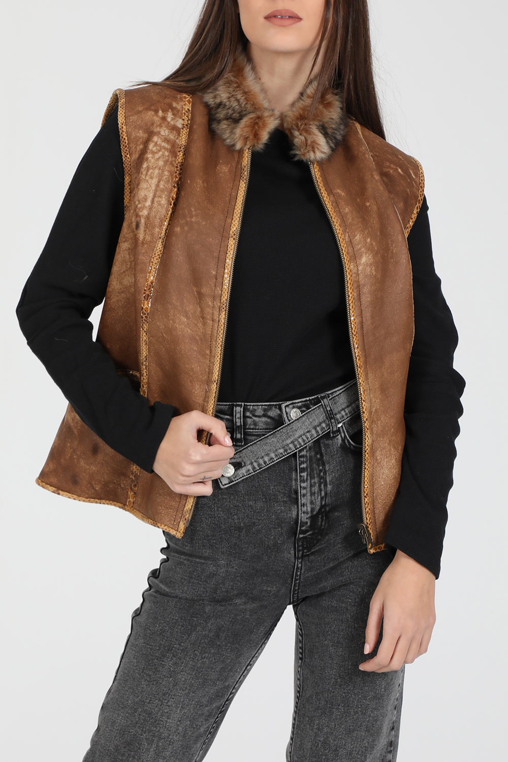 RITSELFURS – Γυναικείο αμάνικο δερμάτινο jacket RITSELFURS VEST DOUBLEFACED MOUTON FUR καφέ