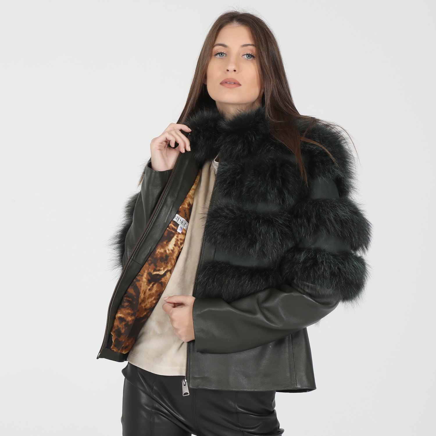 RITSELFURS – Γυναικείο δερμάτινο jacket RITSELFURS WITH FOX FUR πράσινο